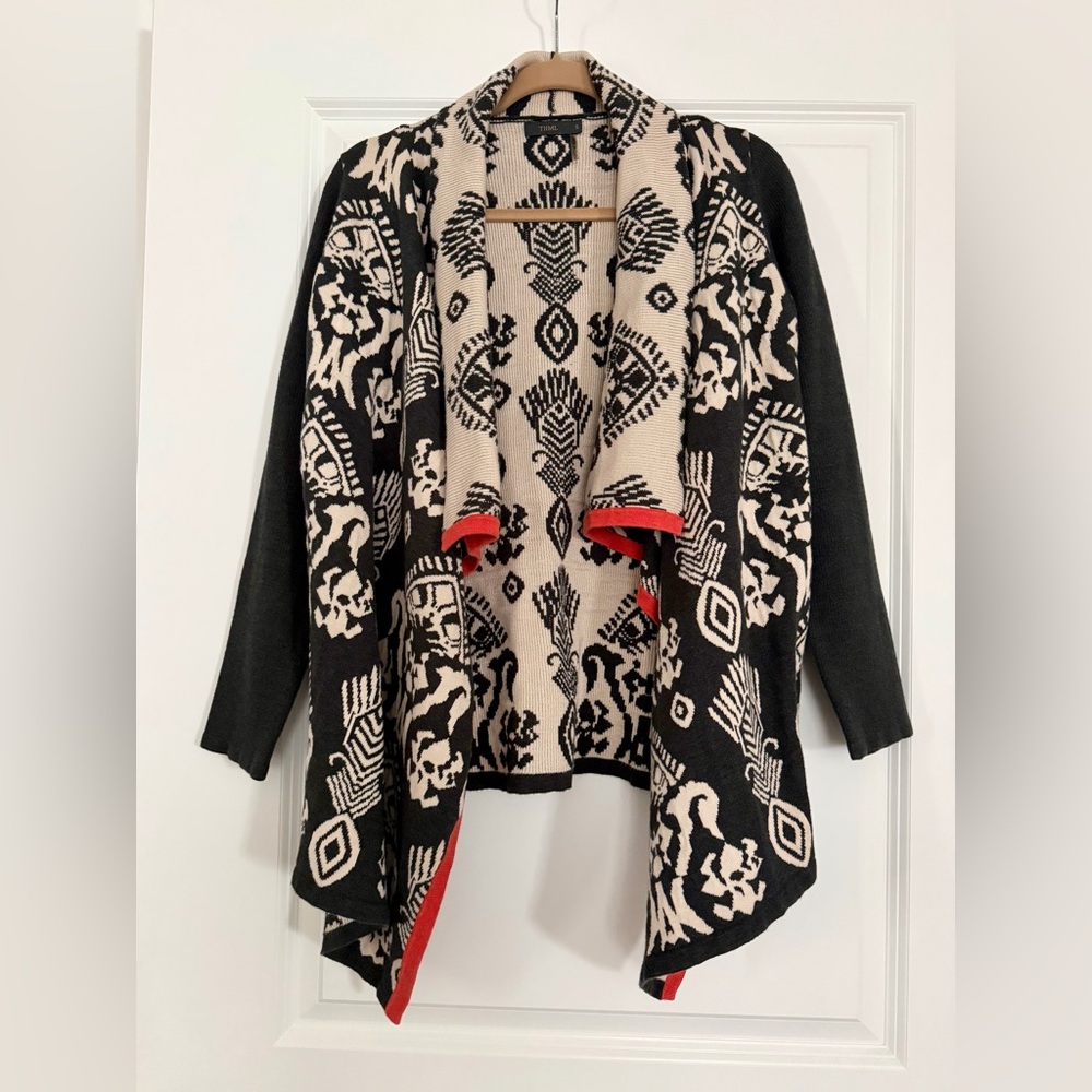 THML Women’s Open Front Cardigan Long Sleeves Gray and Beige Pattern,  Sz S